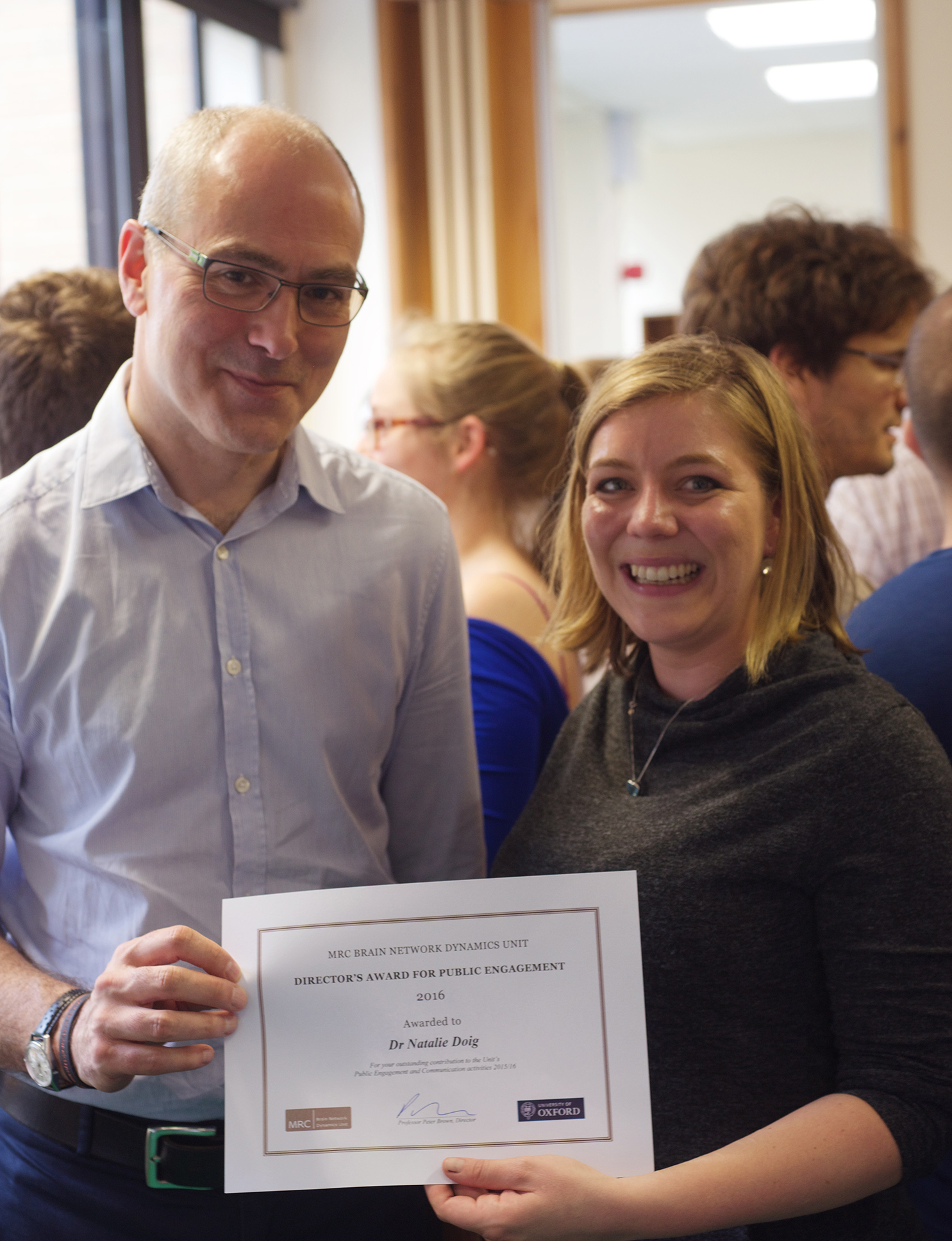 Professor Peter Brown, Unit Director, with Dr Natalie Doig, winner of the 2016 Director’s Award for Public Engagement.