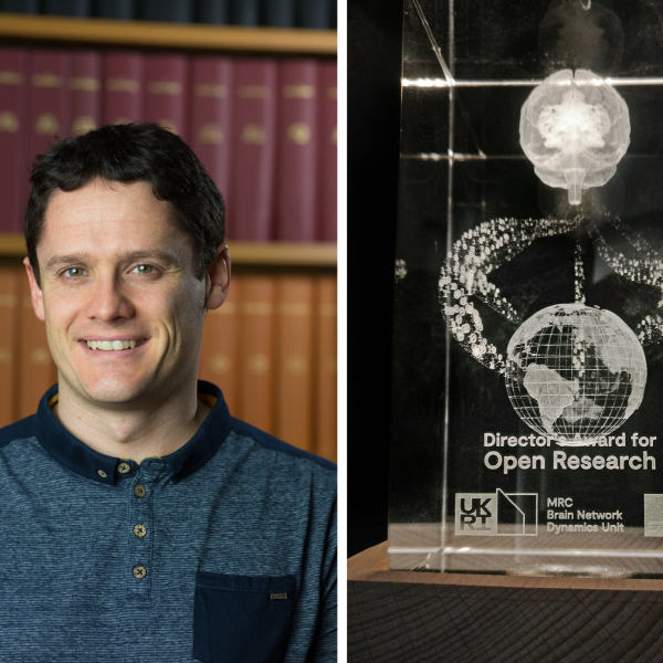 Left, portrait photo of Dr Colin McNamara. Right, photo of the Award for Open Research.
